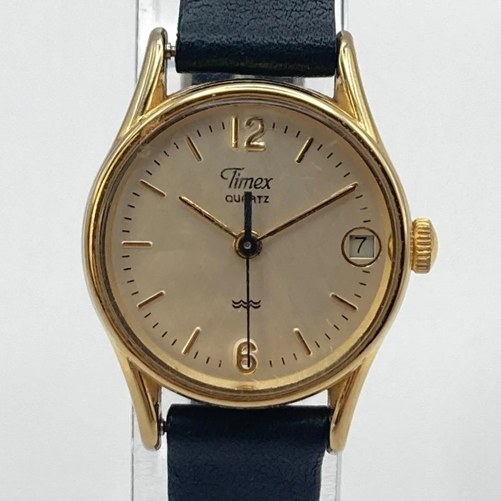 Vintage Timex Womens Watch 22mm Gold Tone Linen Dial Date New Battery SMALL 7.5
